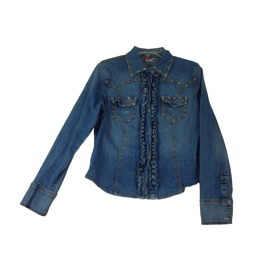 Boom‎ Boom Jeans Y2K Denim Jean Jacket Shirt Ruffle Embellished Womens Med USA